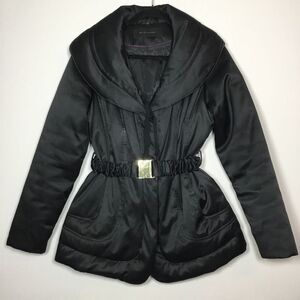 Ellie Tahari black shiny coat oversized collar belt polyester/down/feather sz M